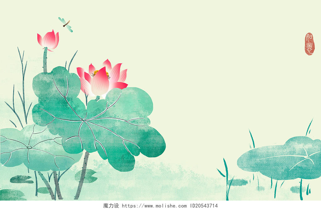古风中国风写意荷花荷塘横版插画背景素材水彩花卉
